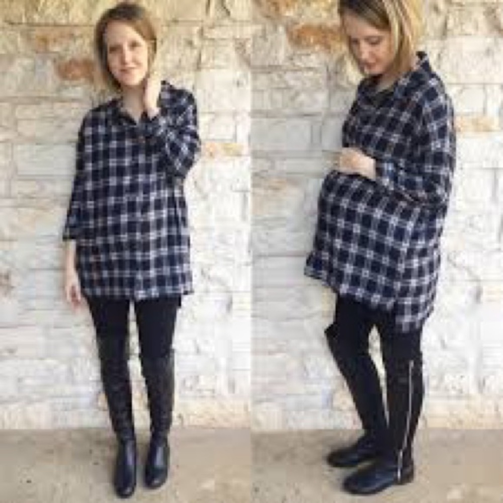 Motherhood Maternity Navy and White Plaid Button-Up Flannel Shirt. Large